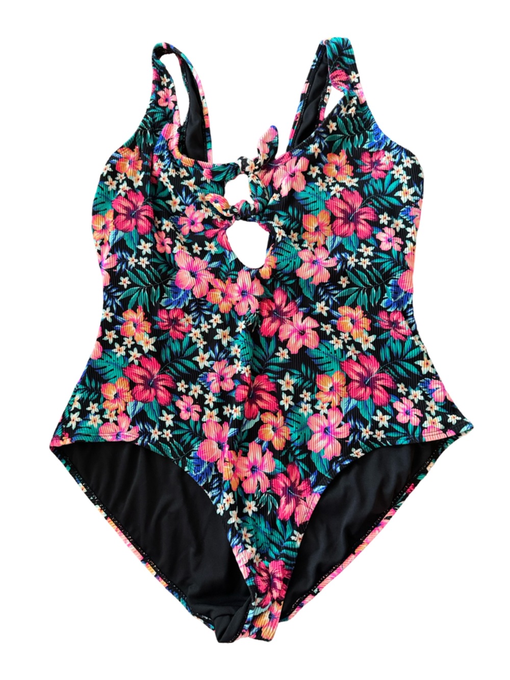 Tropical Floral One-Piece Swimsuit - Black with Pink & Green Floral Print
